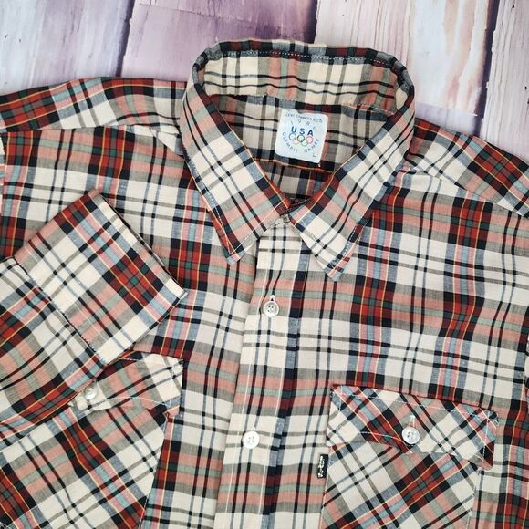 Levis Large Vintage 1980 Olympic Games Red Plaid Button Up Shirt Black Gold Logo - Picture 1 of 7